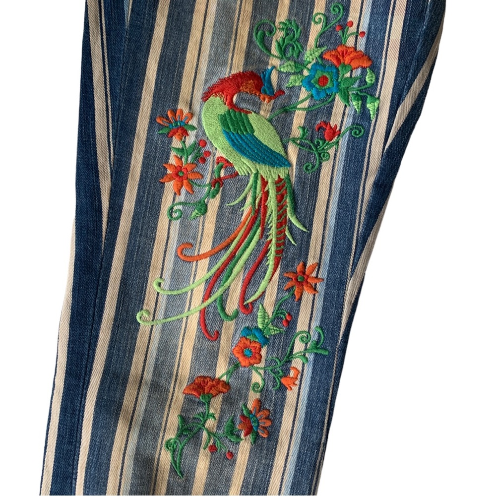 Blue Striped Embroidered Flare Jeans - Women - Picture 5 of 10